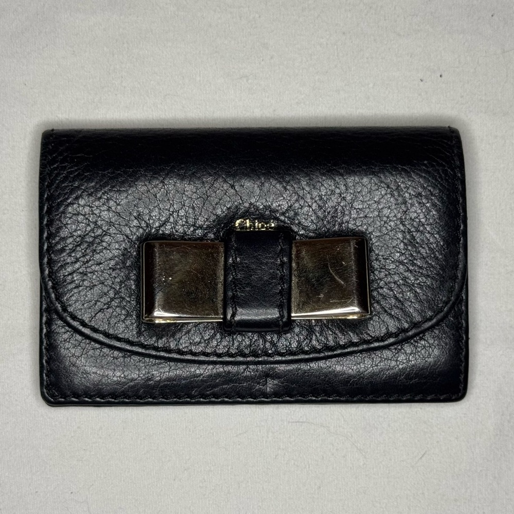 Chloe Black Leather Card Holder with Metal Bow Accent - COA Included